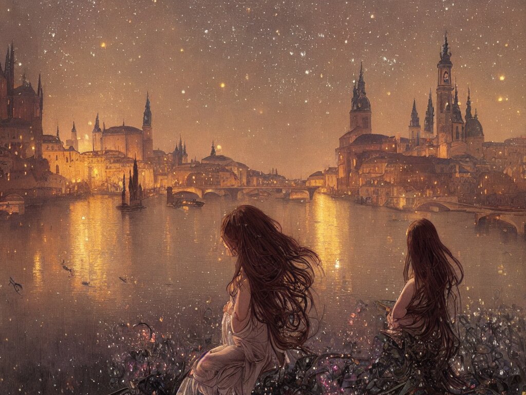 Lexica - A girl watching from the river of a city resembling prague ...