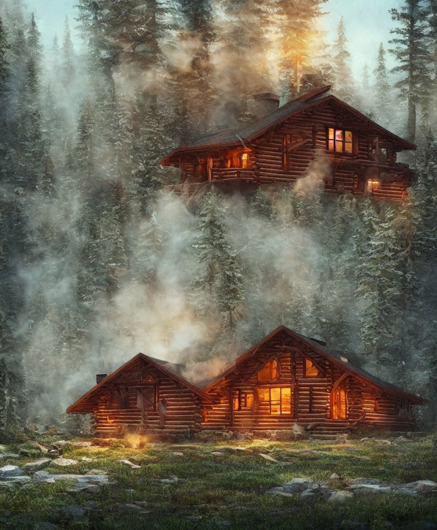 Lexica - Of a beautiful Hyperrealistic log cabin with smoke from ...