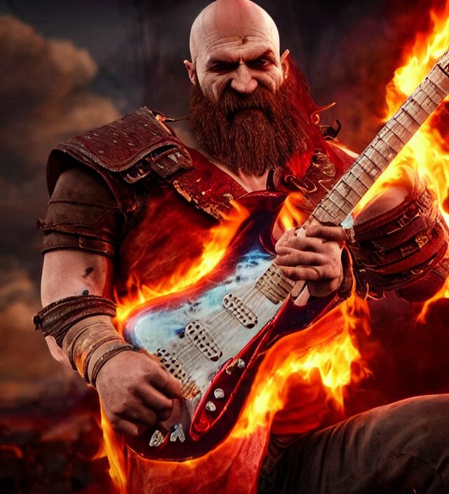 prompthunt: kratos shredding on a flaming stratocaster guitar