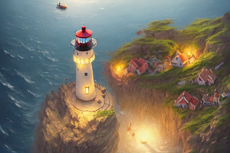 Lexica - Cozy small fantasy village on a cape with a lighthouse ...