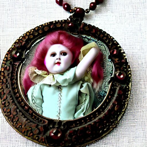 creepy porcelain victorian doll artnouveau necklace - Arthub.ai