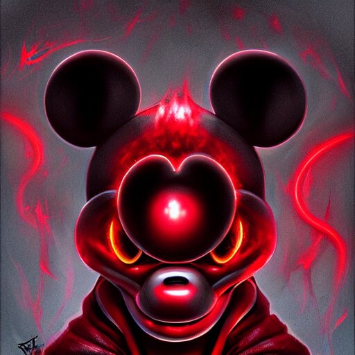 Lexica - Portrait of an evil looking Mickey Mouse, red flames in eyes ...