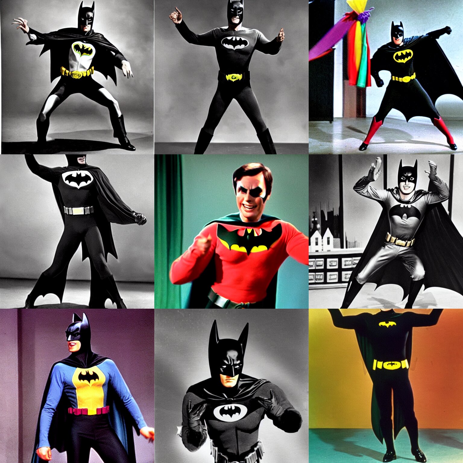 Lexica Batman wearing a rainbow bat suit, dancing, 1960s television show, still, Adam West