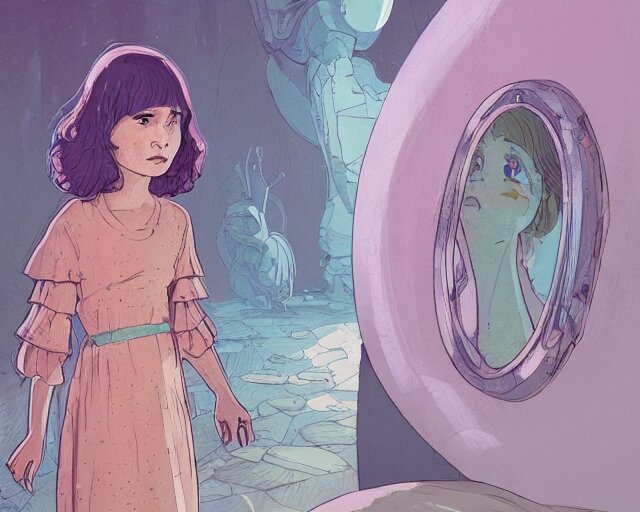 Lexica - A cell shaded cartoon of a girl in dress looking at the mirror ...