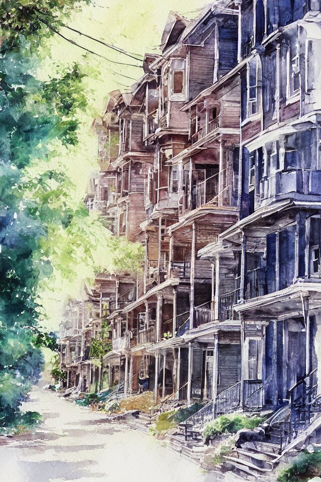 Lexica - Street lined with old residential houses summer watercolor by ...