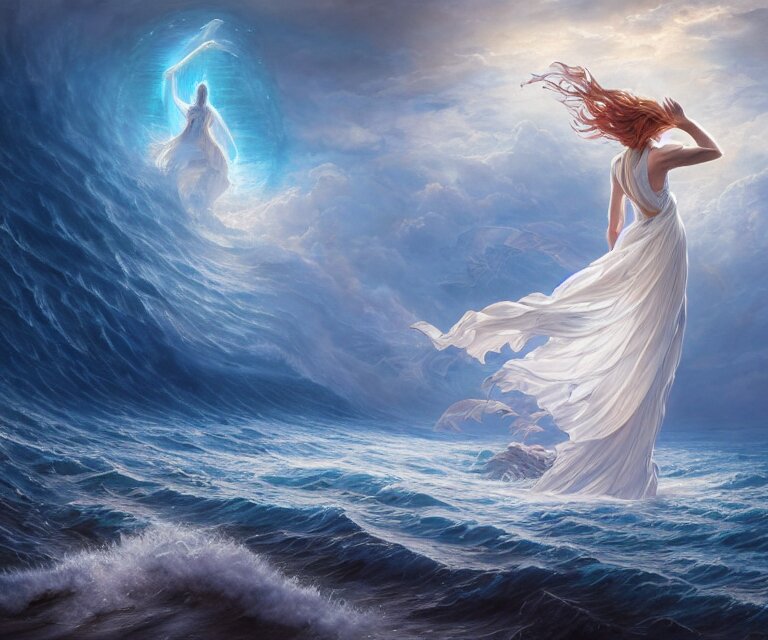 Lexica - Beautiful woman in white dress walking over the ocean, a giant ...