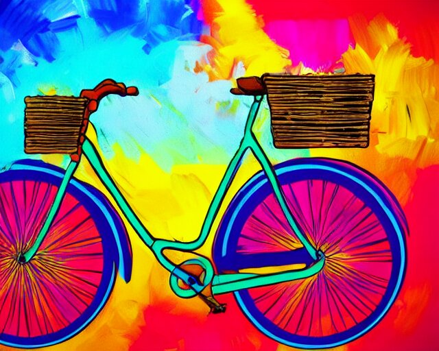 Lexica A colorful bicycle in front of a yellow background, full shot