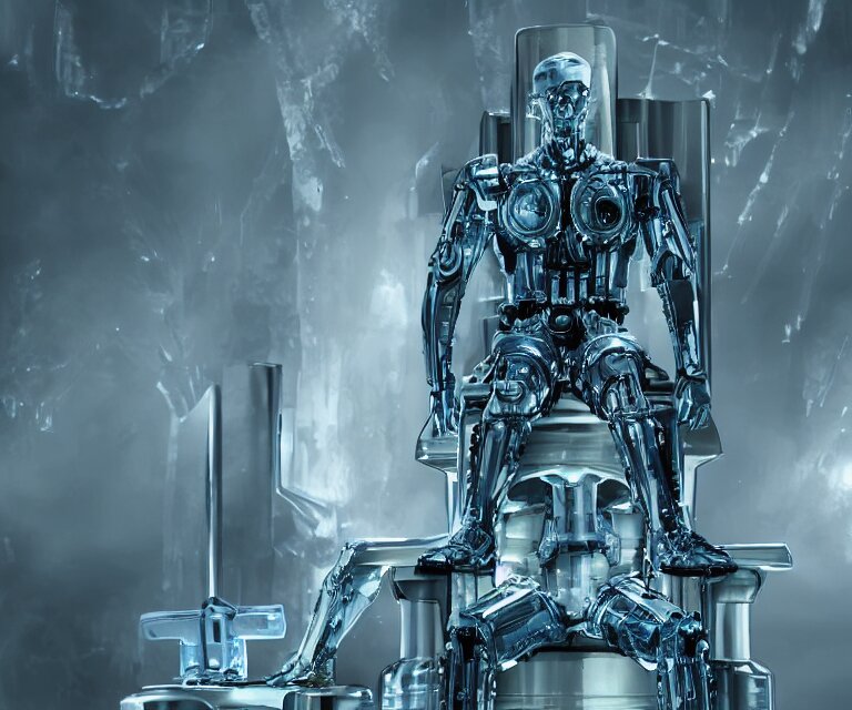 Lexica - Translucent cyborg sitting on an aluminum throne, futuristic ...