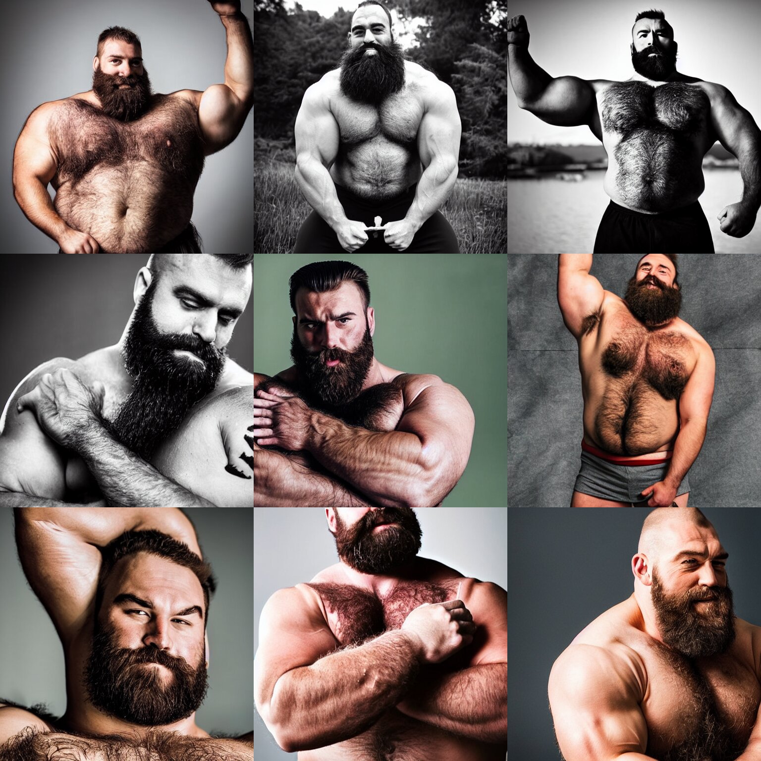 Lexica Jolly Muscle Bear Hairy Burly Strongman With A Thick Beard And His Arm Crossed Look At