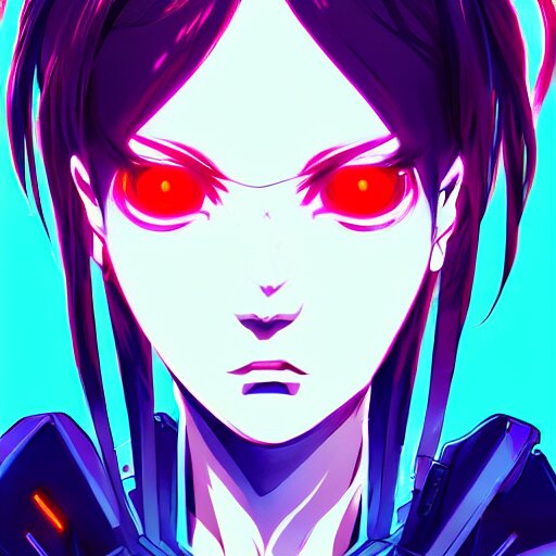 Lexica - Digital cyberpunk anime character concept art, gorgeous anime girl  symmetrical face, small female android cyborg - angel, glowing red left e