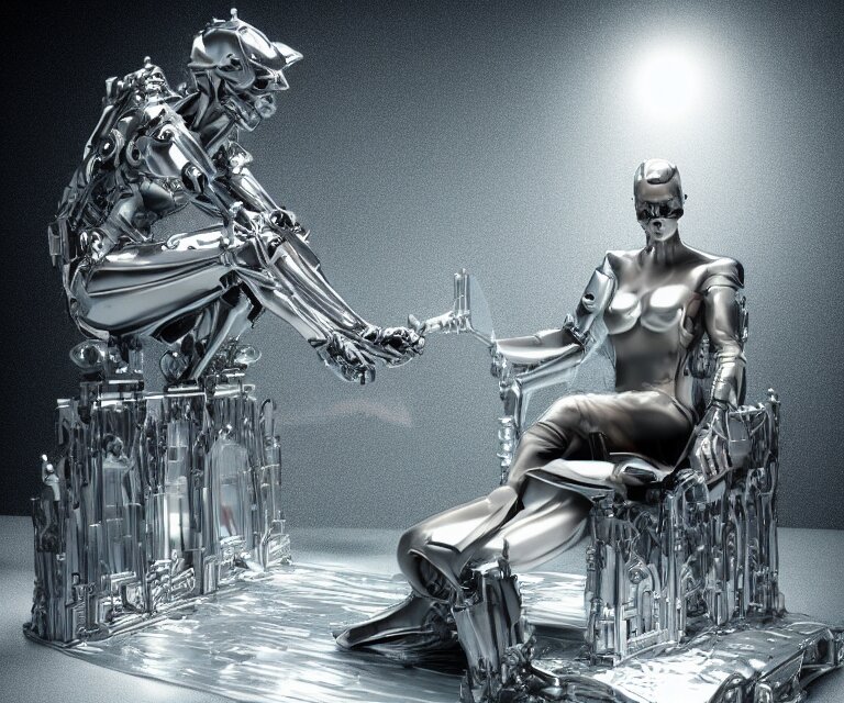Lexica - Translucent cyborg sitting on an aluminum throne, futuristic ...