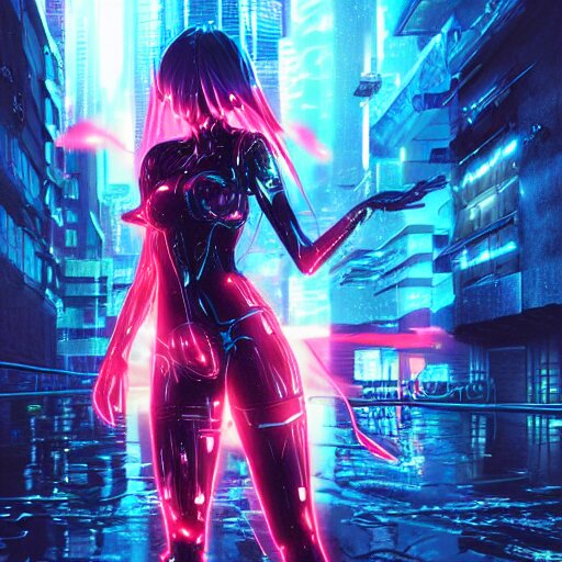 prompthunt: full digital cyberpunk anime!!, shattered cyborg - girl in the  style of arcane!!!, lightning, raining!!, water refractions!!, black long  hair!, biomechanical details, neon background lighting, reflections, wlop,  ilya kuvshinov, artgerm