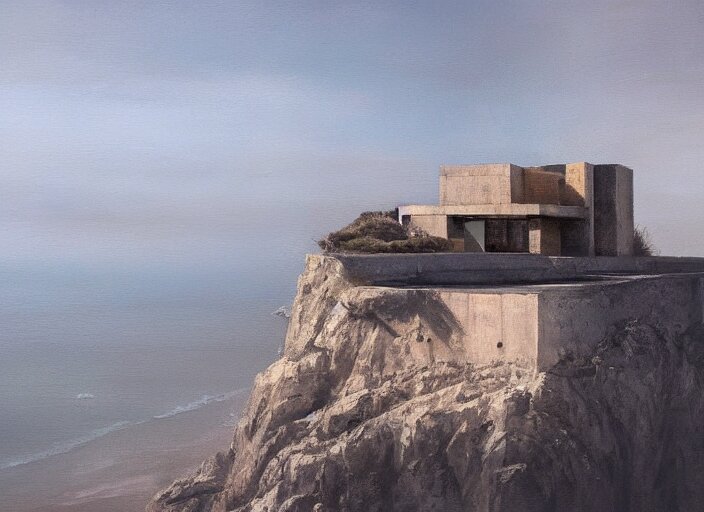 brutalist house, coastal perched on a cliff overlooking a magnif ...