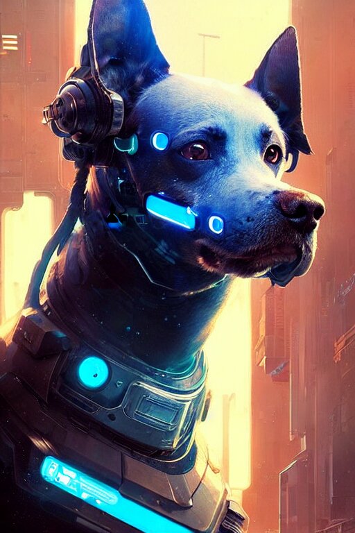 Lexica - A beautiful portrait of a cute cyberpunk dog with blue tinted ...