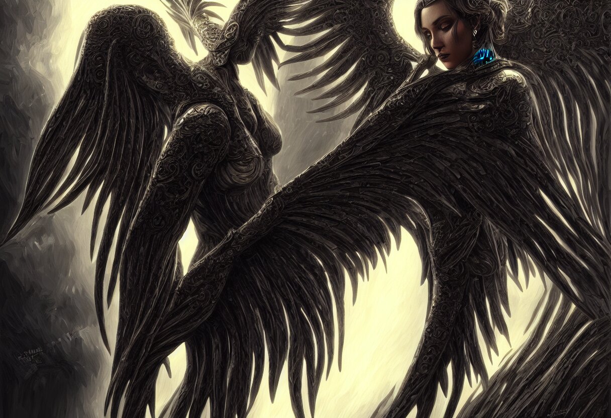 Lexica - Detailed portrait of a big dark angel spread wings, diffuse ...