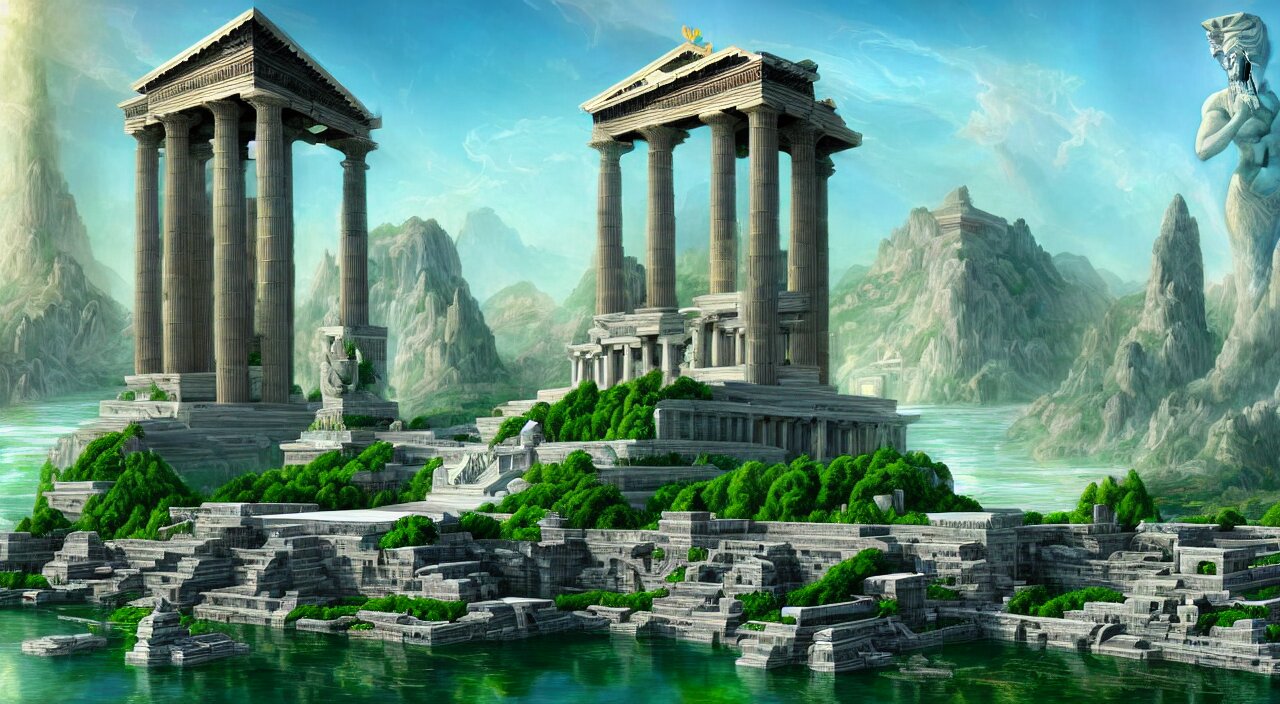 a matte painting futurist of a green water city of Atlantis gre ...