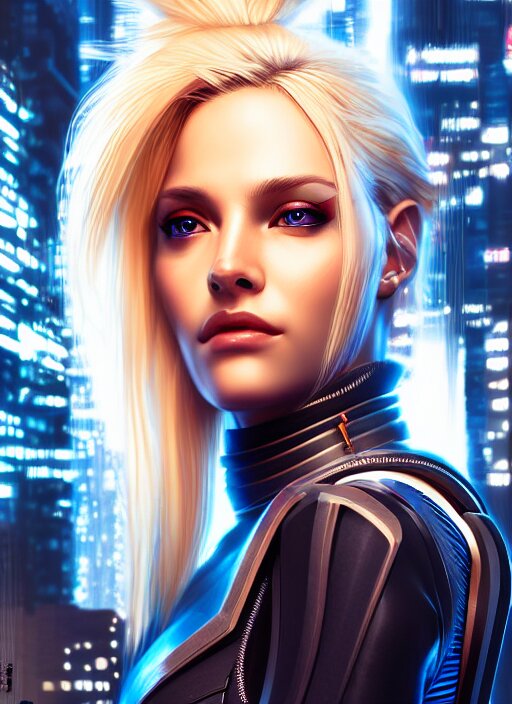 Lexica - Photo of a gorgeous blonde female in cyberpunk city, realistic ...