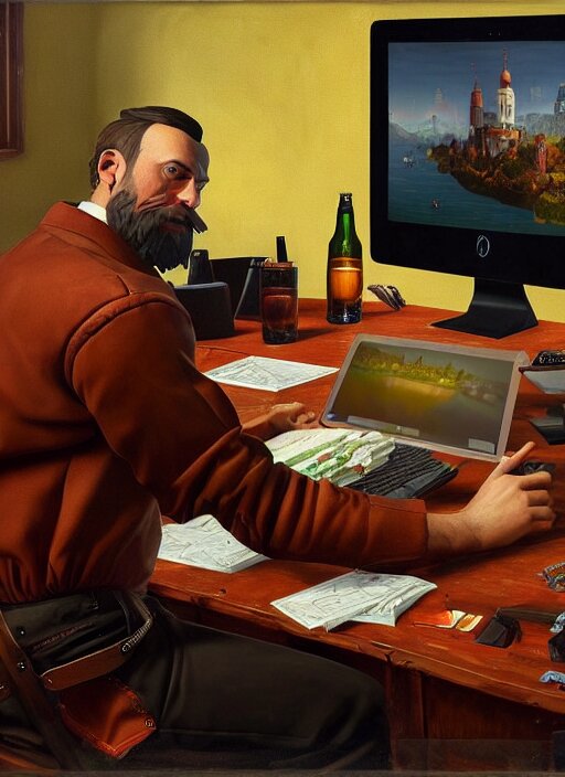 Lexica - Large computer table octoberfest invite card, a man sitting at ...