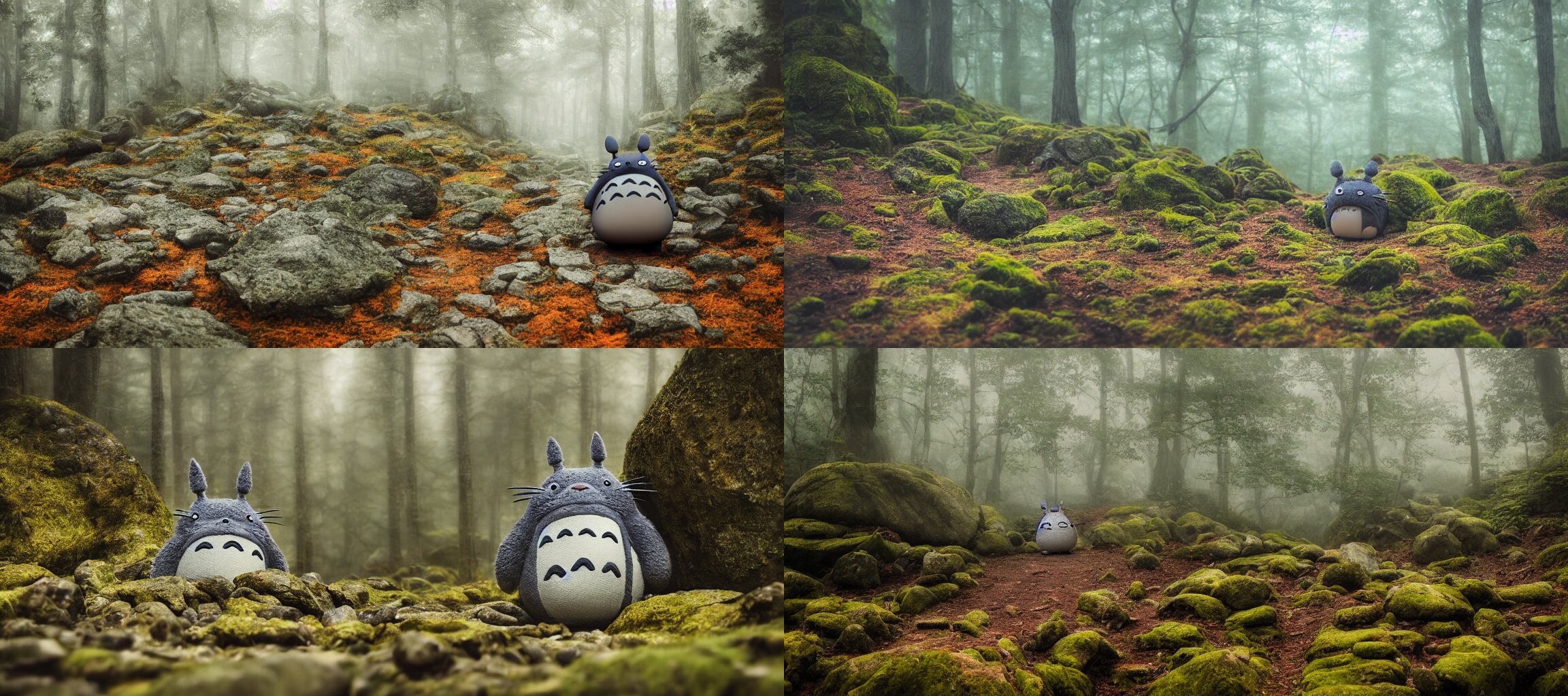 Lexica - A photo of a totoro walking through rocks in a mountainous ...