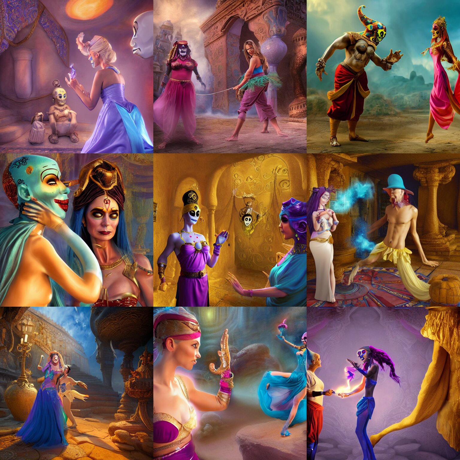 Lexica - Magical genie next to a surprised shocked woman who is dressed as  a genie, woman transformed into a genie, trick, fantasy painting, woman,  o