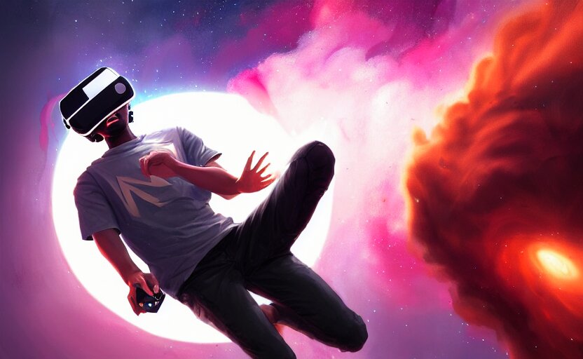 Lexica Handsome black genius hacking the metaverse, vr headset, white t shirt and jordans