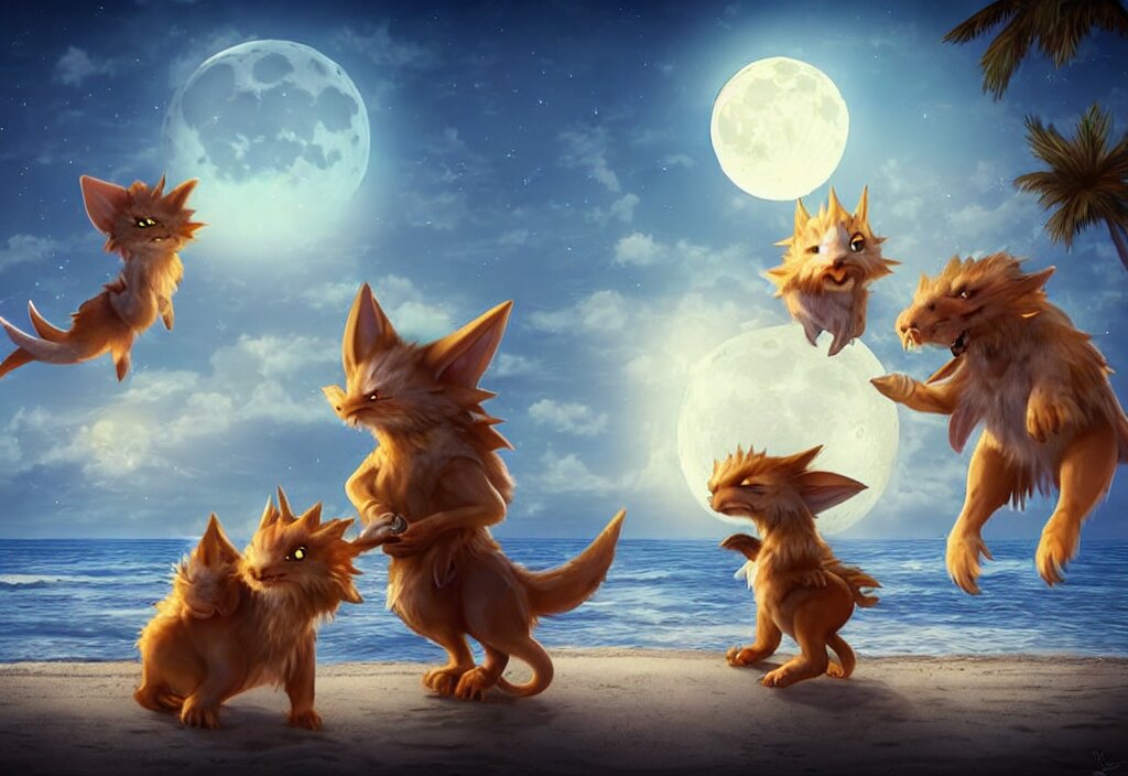 Lexica - Cute fantasy critters at the beach looking at the moon, ultra ...