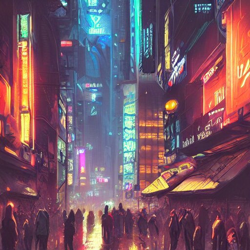 Lexica - Overly crowded street of a cyberpunk city, rain, harsh neon ...