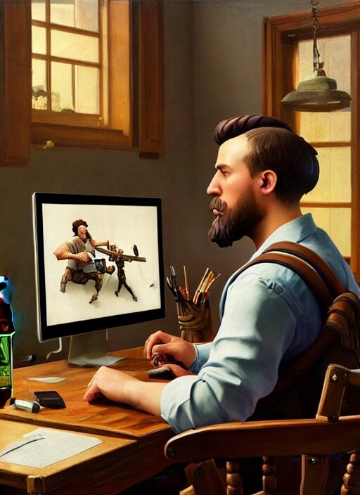 Lexica - Large computer table octoberfest invite card, a man sitting at ...