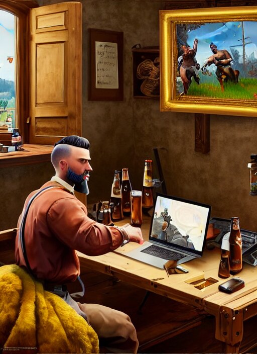 Lexica - Large computer table octoberfest invite card, a man sitting at ...