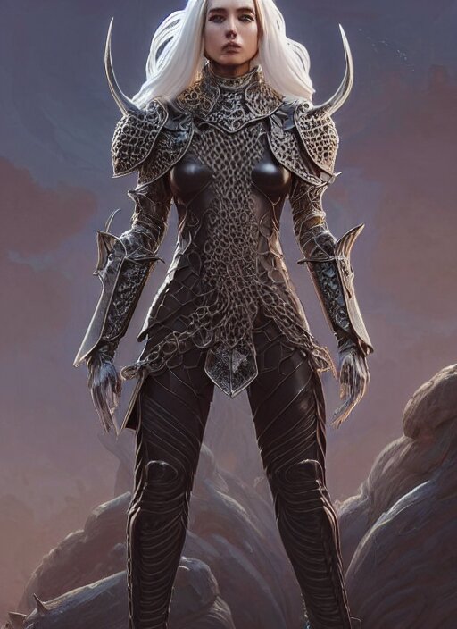 Lexica - Opal leather armor!!! long wild white hair!! covered chest ...