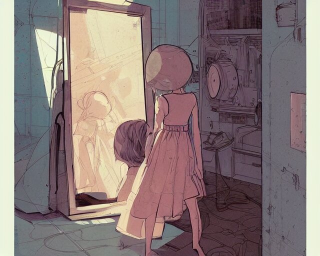 Lexica - A cell shaded cartoon of a girl in dress looking at the mirror ...