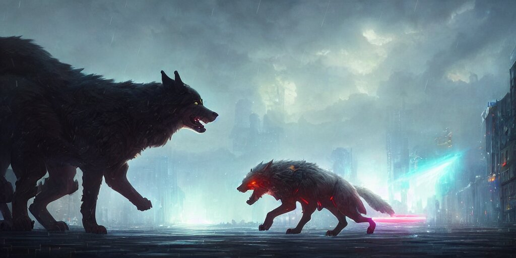Lexica - A battle inside the city. Giant wolf is attacked by laser ...