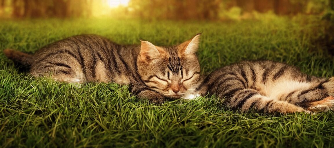 Lexica - One cute cat sleeping on the grass in a forest near a small ...