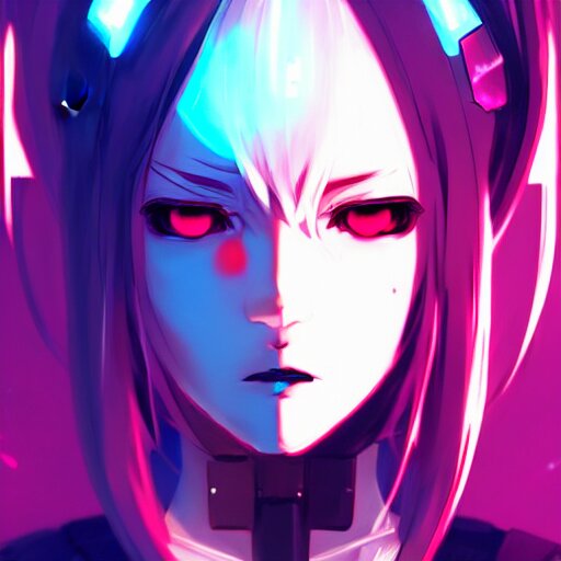 Lexica - Digital cyberpunk anime character concept art, gorgeous anime girl  symmetrical face, small female android cyborg - angel, glowing red left e