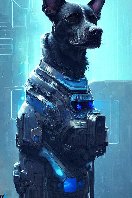 Lexica - A beautiful portrait of a cute cyberpunk dog with blue tinted ...