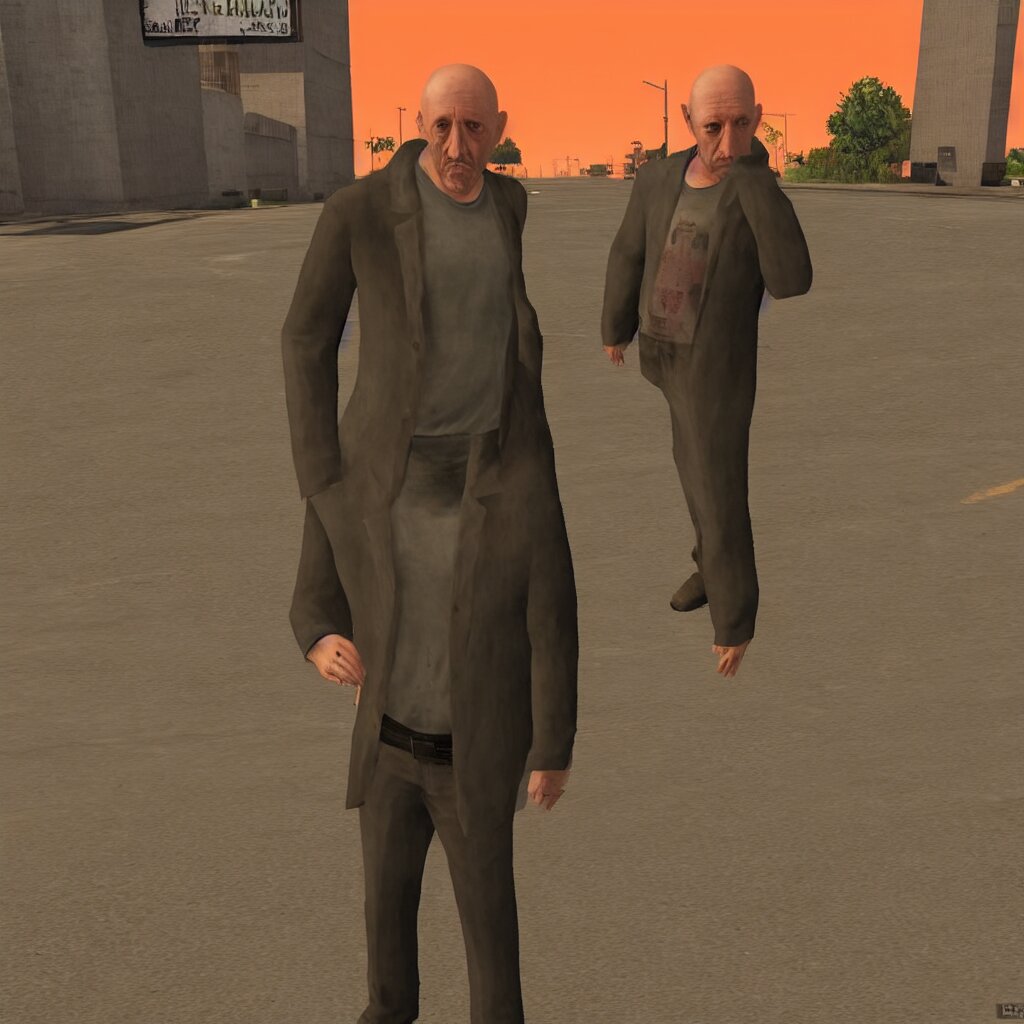 prompthunt: Mike Ehrmantraut in Los Santos, screenshot from the PS2 version  of GTA San Andreas, orange sky, screenshot from 2004, low quality graphics