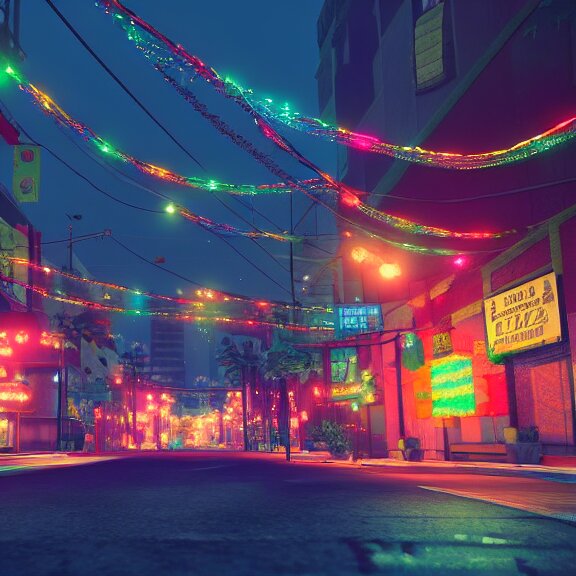 Lexica - Downtown Mexico, string lights, colorful lighting, night, realism, intricate abstract 