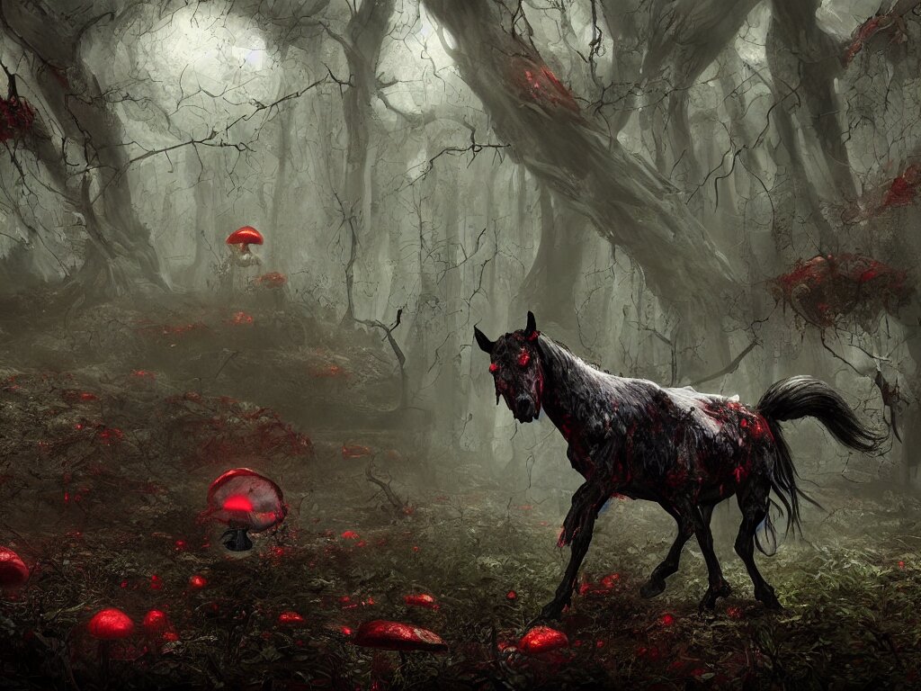 Lexica Evil zombie horse with red eyes, in a dark toxic mushroom