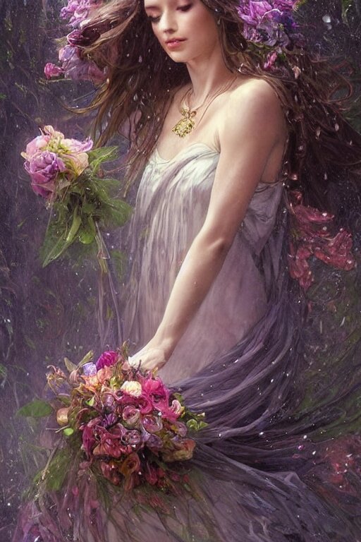 Lexica - Portrait of a beautiful mysterious woman holding a bouquet of ...