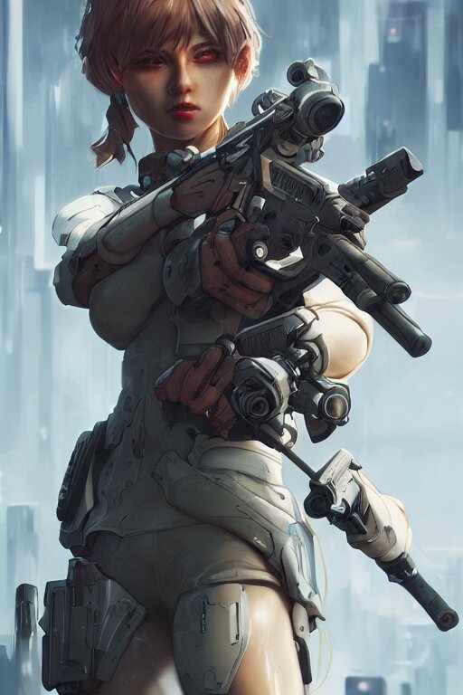 Lexica - Beautiful illustration of a cyborg mercenary girl holding a ...