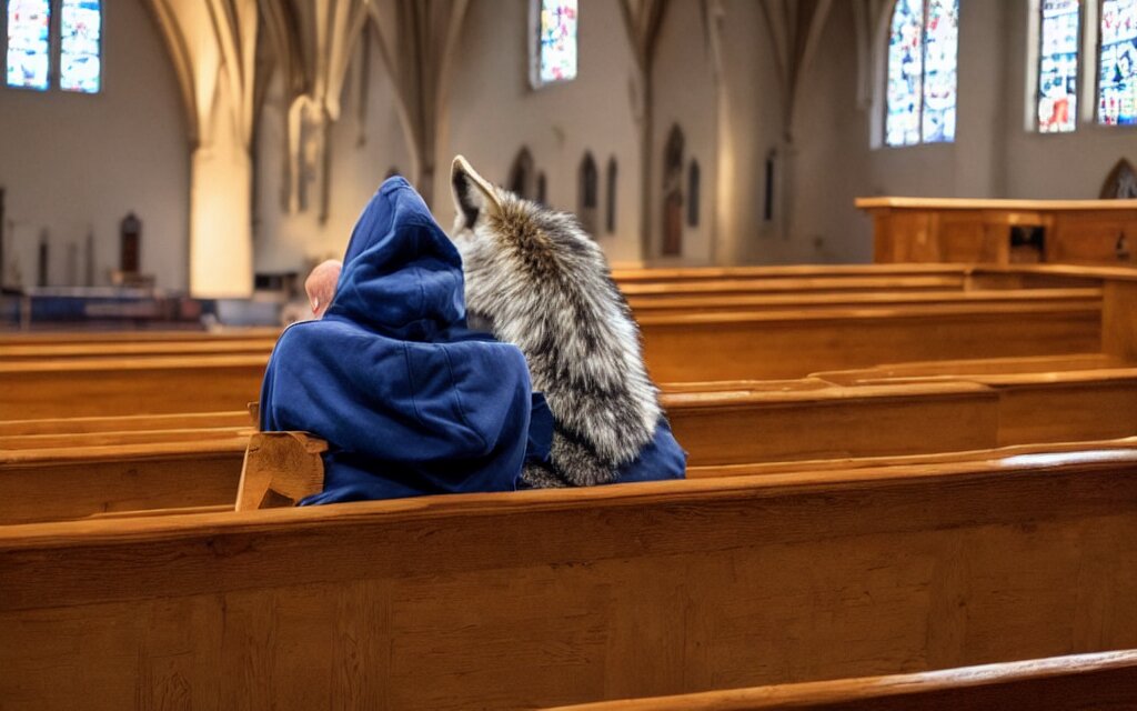 Lexica - Wolf dressed in hoody staying in church and prays