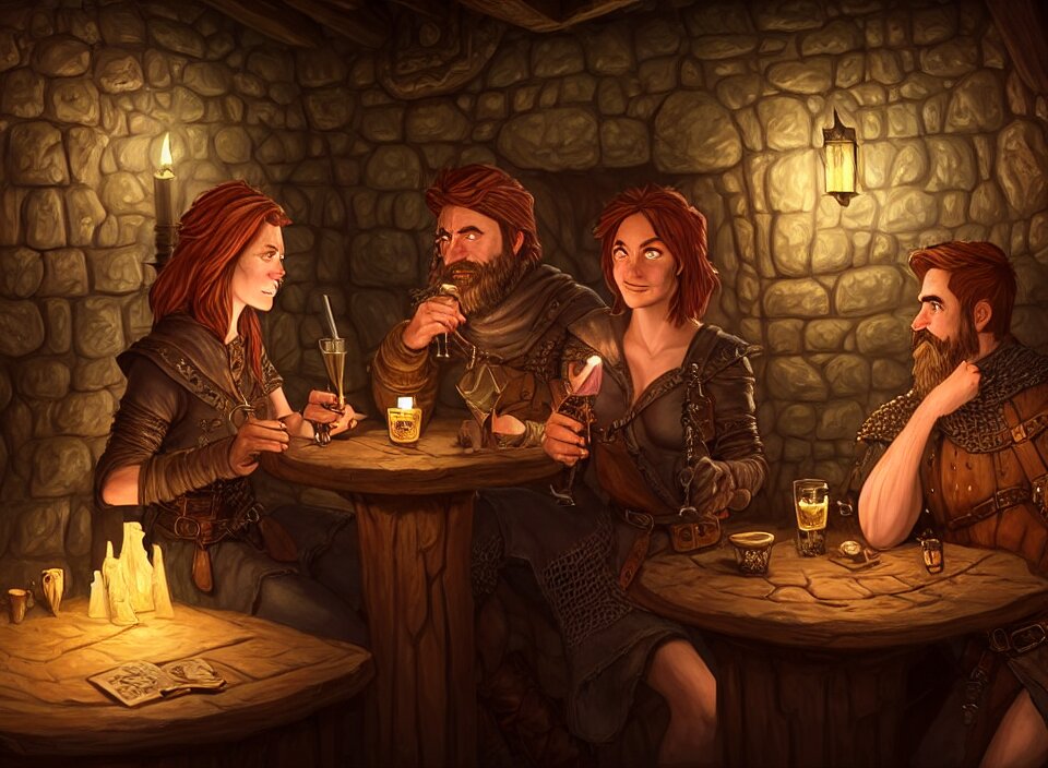 Lexica - A beautiful adventuring couple drinking, dimly-lit cozy tavern ...