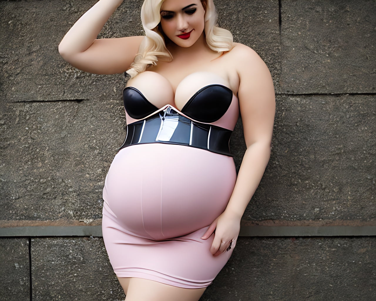 Lexica - Pregnant belly, cute big curvy adorable young blonde woman, nude,  pastel matte background, black latex corset costume, irish lebanese, pinu...