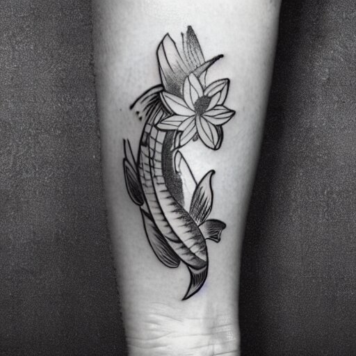 black and white tattoo of koi fish with camelia flowers, on whit ...