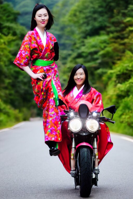 Lexica - Full - length photo, young woman, riding a motorcycle, wearing ...