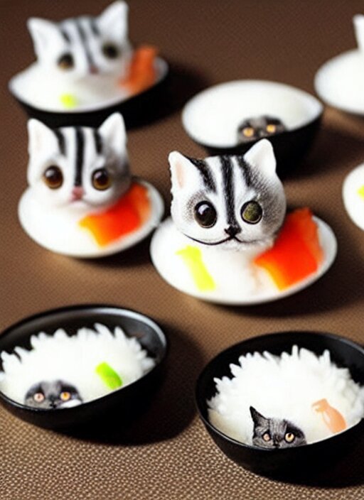 clear surrealist painting of tiny adorable cats made from sushi ...