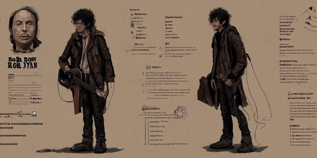Lexica - Bob Dylan design, character sheet, Greg Rutkowski, Zabrocki ...