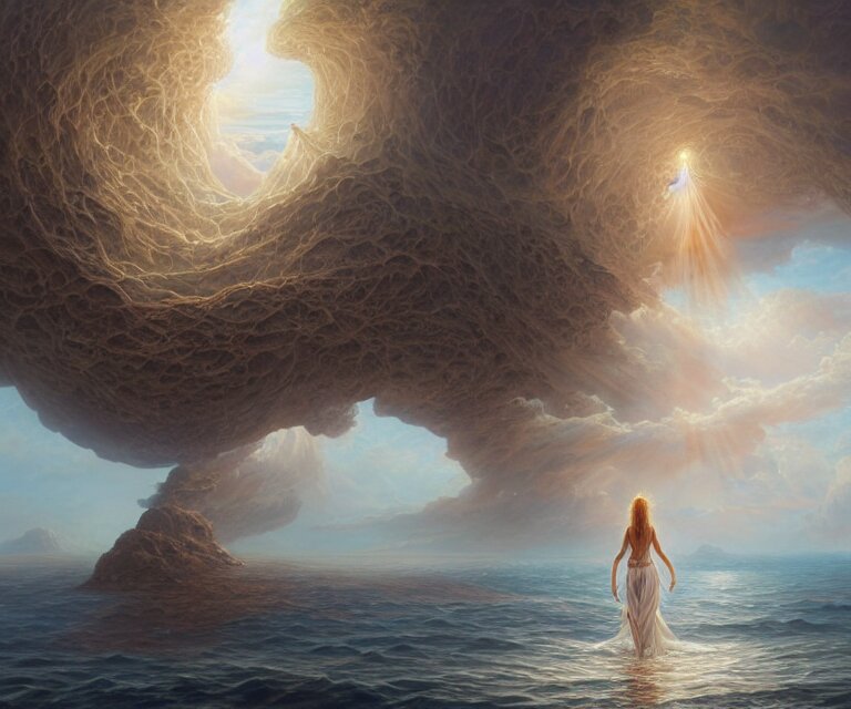 Lexica - Beautiful woman in white dress walking over the ocean, a giant ...