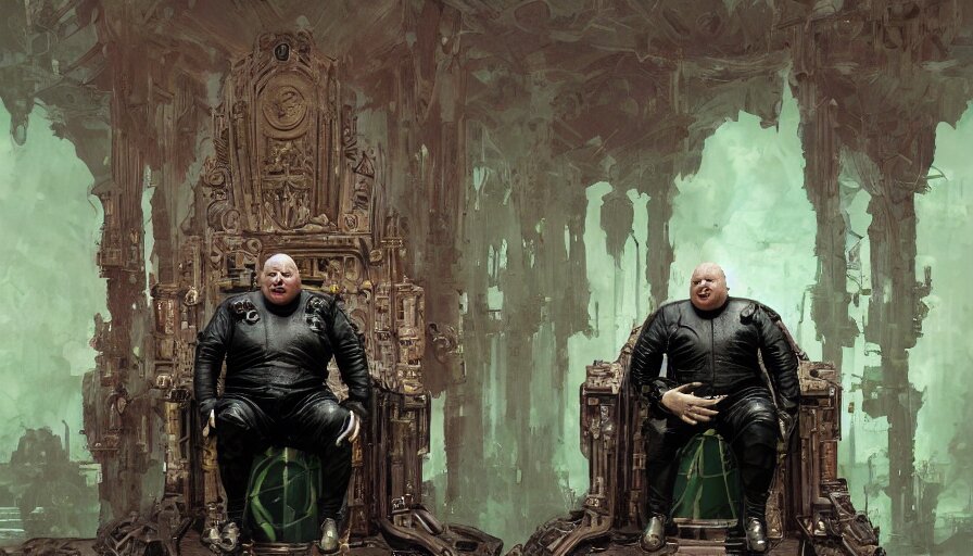 Lexica Shaun Ryder As Baron Harkonnen Wearing A Leather Spacesuit And Sitting On A Throne In