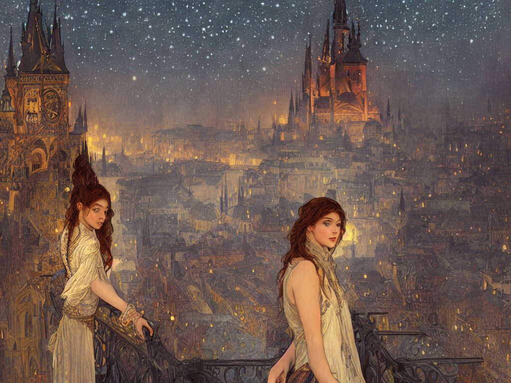 Lexica - A girl watching from the river of a city resembling prague ...